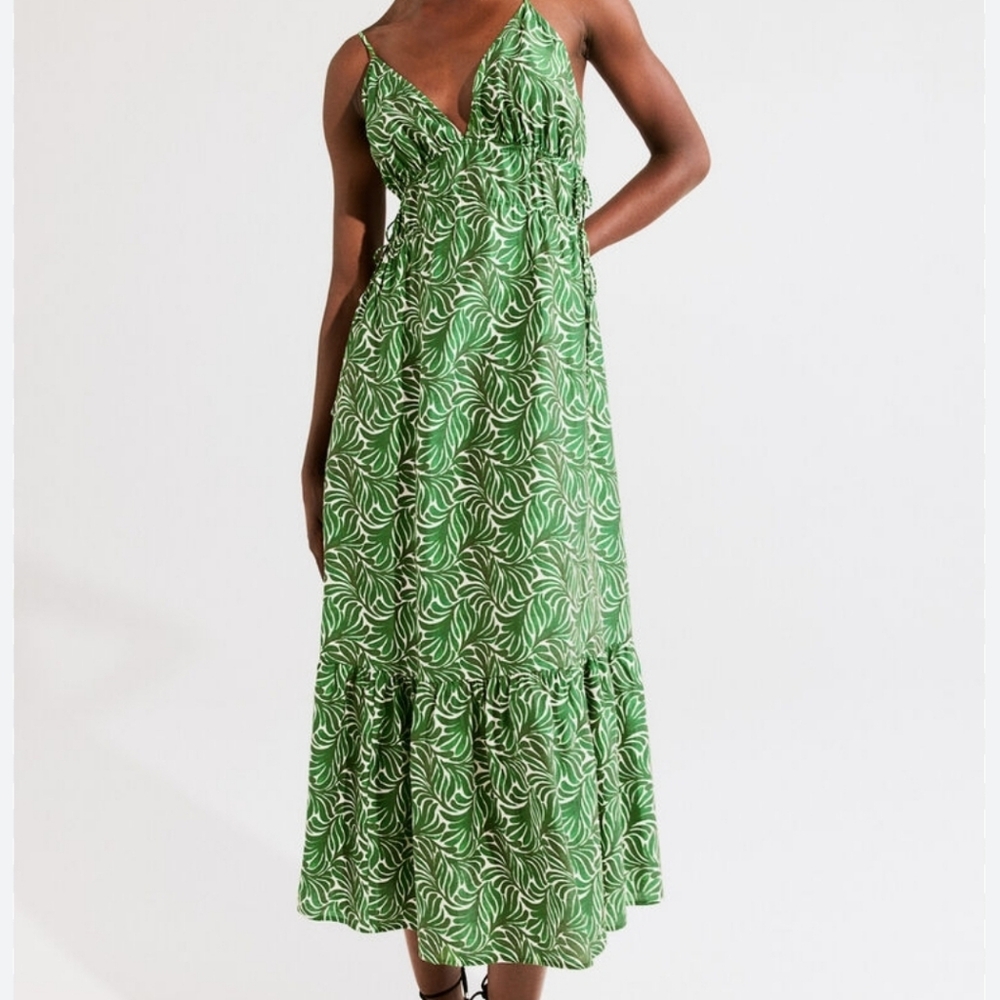 H&M Green and White Tiered Ruffled Maxi Dress